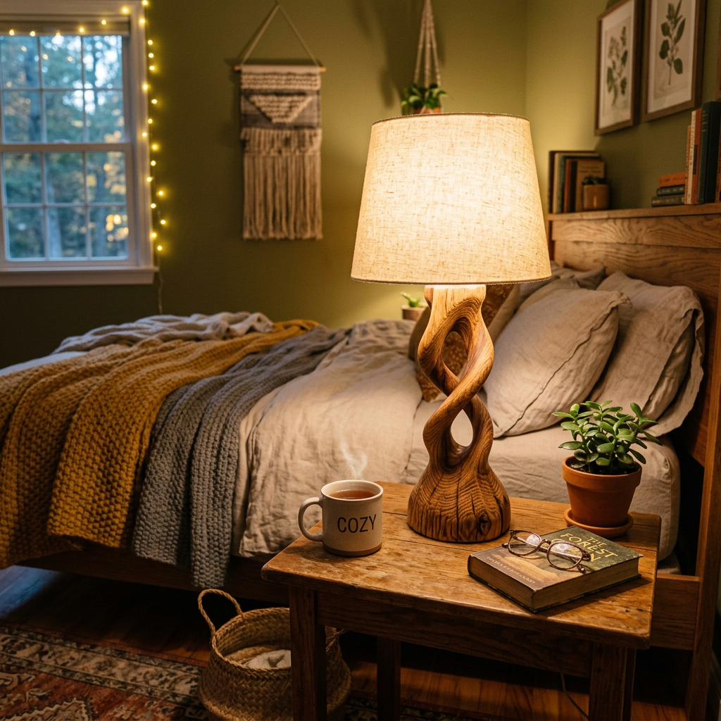 Cozy bedroom with a wooden bedside table holding a lamp, mug, book, and plant